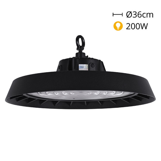 Campânula MEGAVISION IP65 1x200W LED 30000lm (150lm/W) 6500K 90° Alt.11xD.36cm Preto