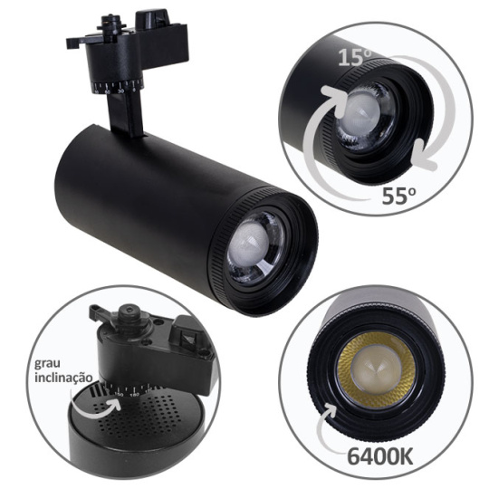 Foco para calha ARGOS (2 condutores) 1x30W LED 6400K C.17xxD.8cm Preto