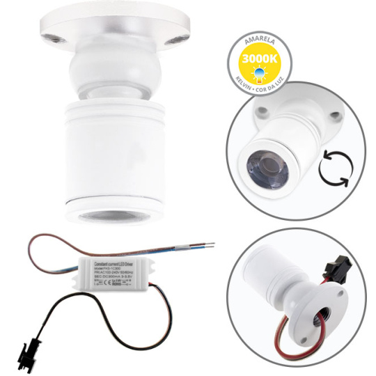 Foco orientável MELVIN redondo 1W LED 70lm 3000K Alt.4xD.3cm Branco