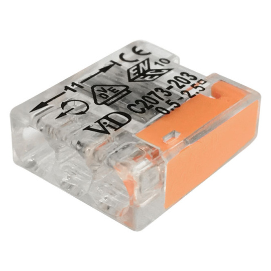 Ligador transparente e laranja em plástico de pressão 3 polos 0,5-2,5mm para fio rígido (cx 100pcs)