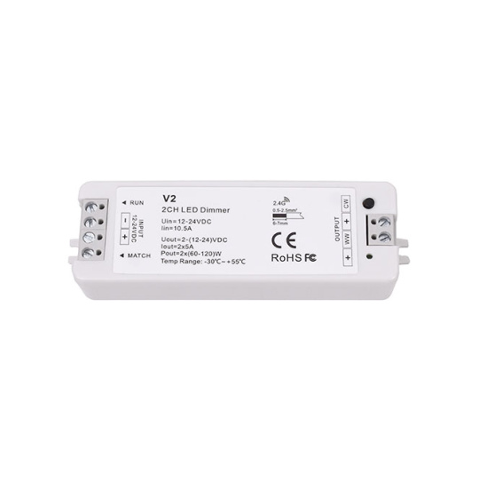 Controlador 2 canais 5A/canal para fitas LED 12/24Vdc 2 cores