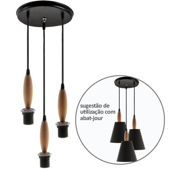 Suspensão PETRA sem vidros 3xE27 Alt.Reg.xD.27cm Preto/Madeira natural/Cromado