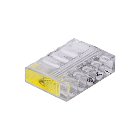 Transparent/yellow pushwire junction connector for cable 5 poles 0,5-2,5mm2 450V 24A (box 100pcs)